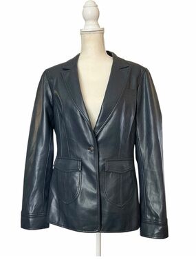 Cinq a Sept Louisa Faux Leather Blazer Jacket Slate Blue Size 10 Vegan